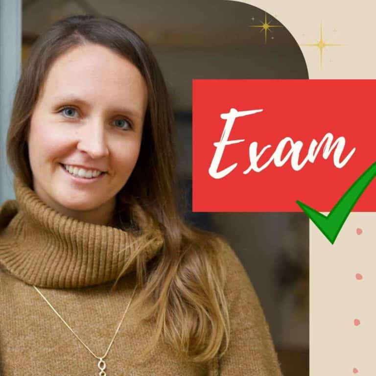 Portrait photo of German teacher Jana with text "Exam" and a green check symbol