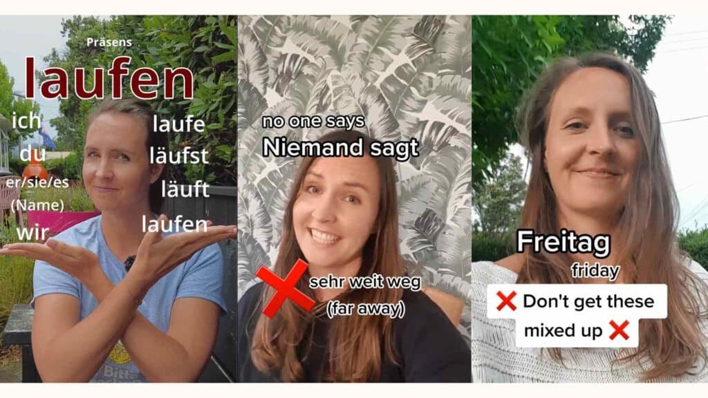 Social Media tiktok mockup composed of thumbnails of three videos, on the left is conjugating the verb laufen, in the middle is 'no one says 'far away'' and on the right is 'don't get these mixed up'